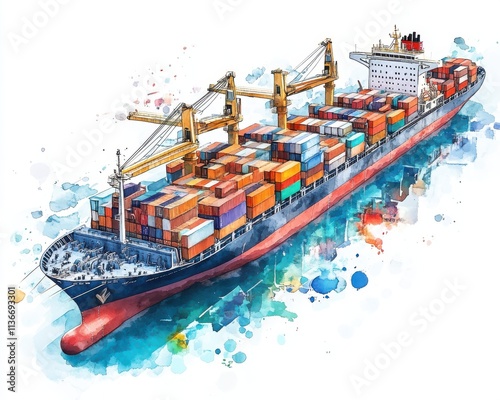 Colorful cargo ship in vibrant watercolors with shipping containers and cranes.