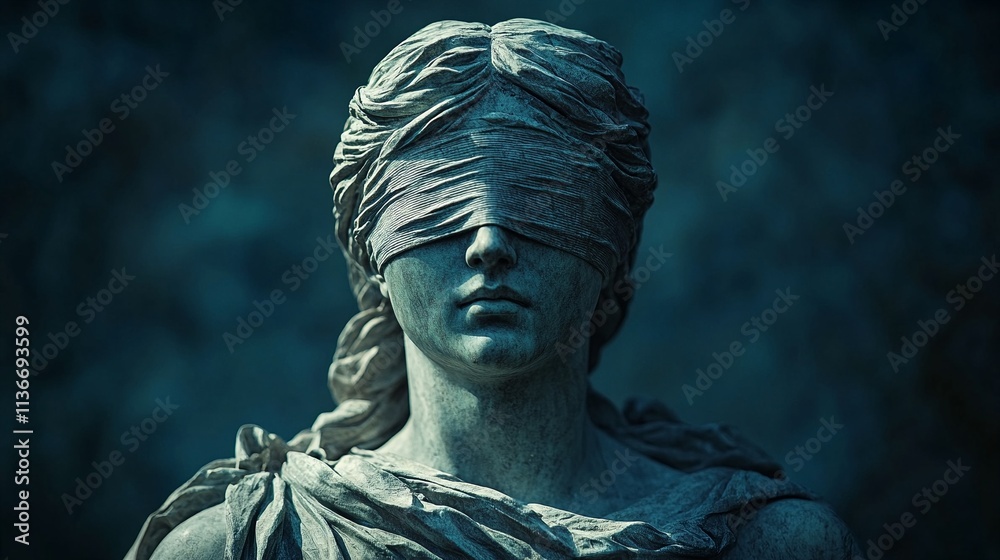 A statue of a woman with a blindfold covering her eyes, set against a dark, textured background A statue of a woman with a blindfold covering her eyes, set against a dark, textured background