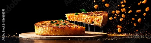 Spanish tortilla de patatas sliced perfectly, lively street scene of Madrid s tapas bars photo