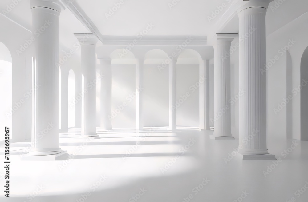 Sunlit white classical hall with columns and arches. Sunlit white classical hall with columns and arches.