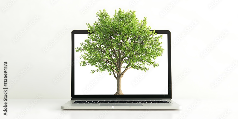Obraz premium A blank-screen laptop on a white background, with a tree emoji growing from the screen, branches spreading in vibrant green hues.