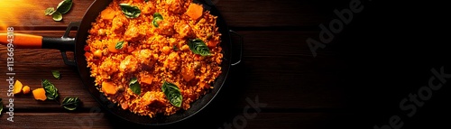 Traditional Spanish paella served in a sizzling pan, with a scenic view of Valencia s sunlit beaches photo