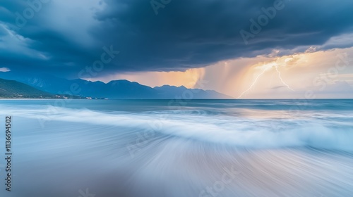 Stormy ocean with a lightning bolt in the sky. The sky is dark and the ocean is calm