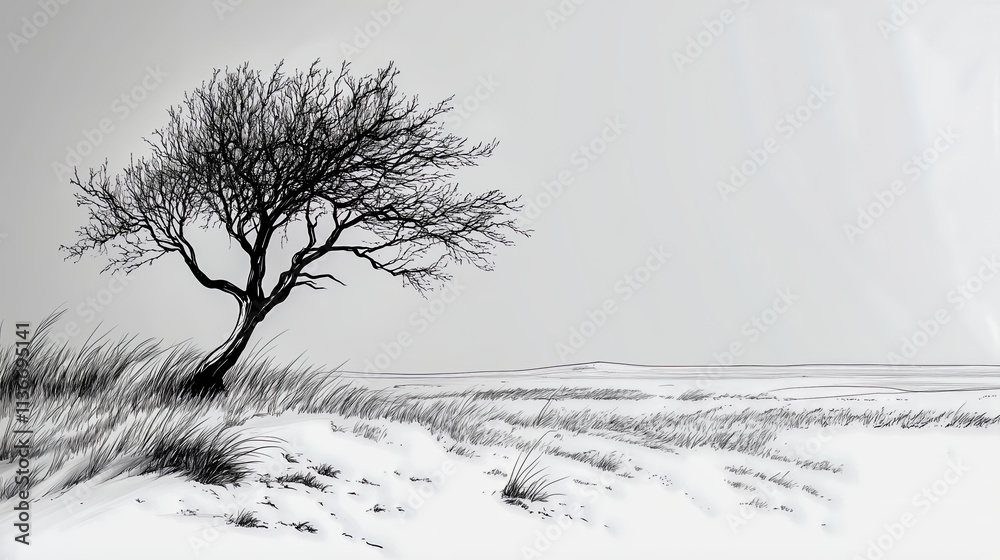 Fototapeta premium Tree stands alone in a field of grass. The sky is overcast and the tree is bare