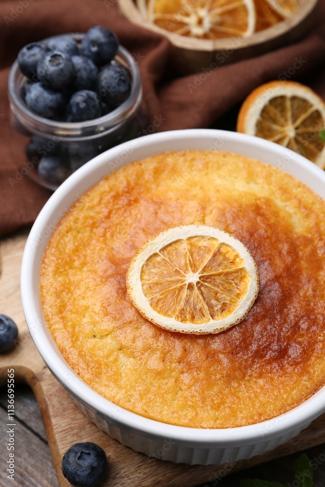 Tasty semolina cake served on wooden table, closeup Tasty semolina cake served on wooden table, closeup