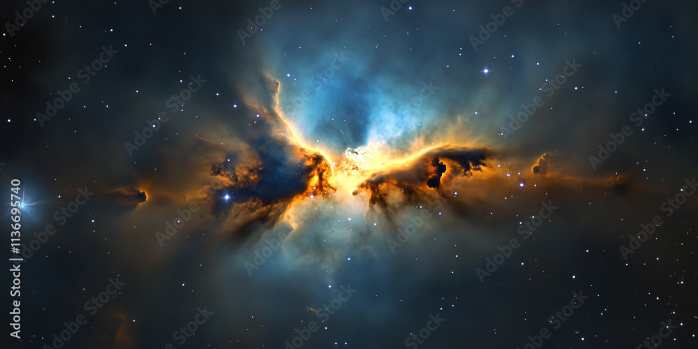 Naklejka premium A nebula in space, with blue and orange colors, a bright star at the center of it