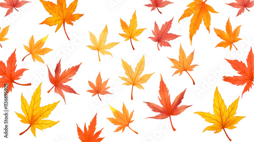 Colorful pattern featuring autumn maple leaves, showcasing shades of orange, yellow, and red on white. Perfect for seasonal designs, fall themes, and decoration during the autumn season.