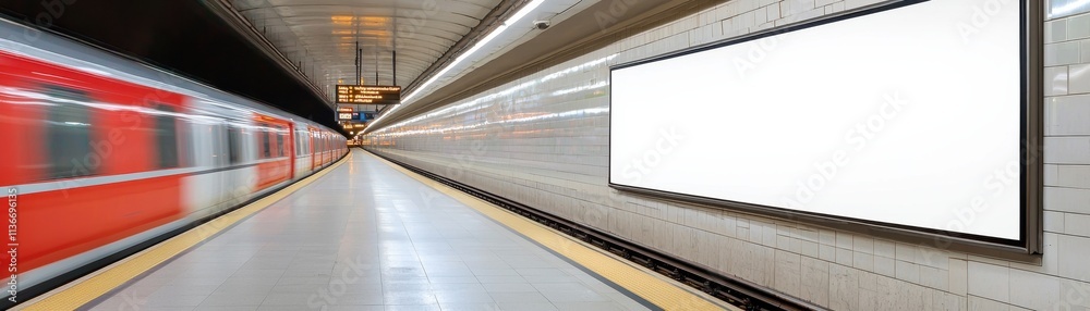 A motion-blurred subway train approaches a platform featuring a blank advertising space, emphasizing urban transit and advertising potential. A motion-blurred subway train approaches a platform featuring a blank advertising space, emphasizing urban transit and advertising potential.