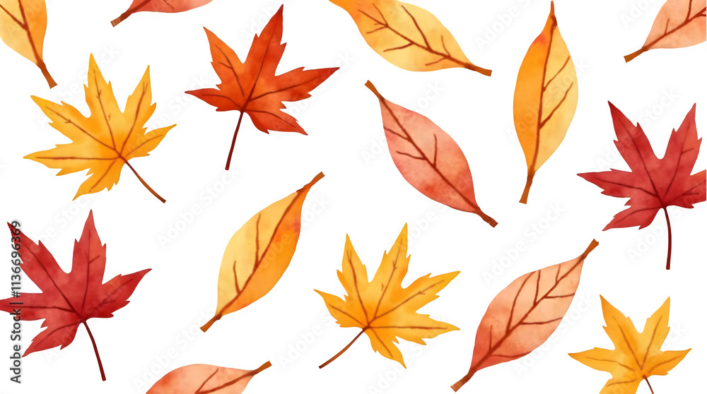 Fototapeta premium Colorful pattern featuring autumn maple leaves, showcasing shades of orange, yellow, and red on white. Perfect for seasonal designs, fall themes, and decoration during the autumn season.