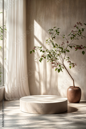 Podium vide rond devant une fenêtre avec une plante