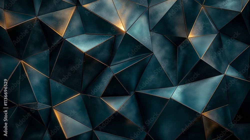 Fototapeta premium Black and gold patterned background with triangles. The triangles are cut out of a blue background