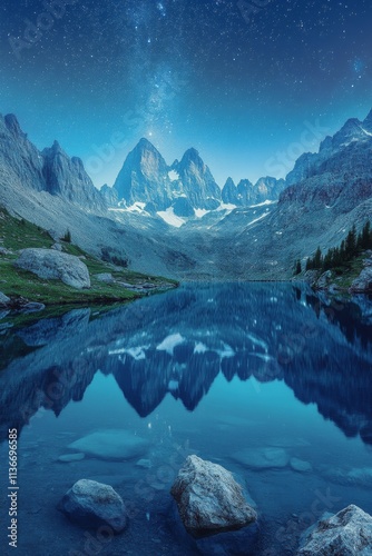Night sky and sunset reflections over tranquil water in a serene mountain valley