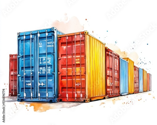 Colorful shipping containers stacked in a row, symbolizing global trade and transport.