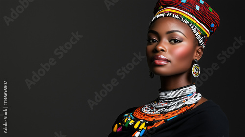 A regal African woman dressed in traditional Zulu attire, featuring a beaded isicholo headdress and colorful accessories, standing gracefully against a minimalist background. photo