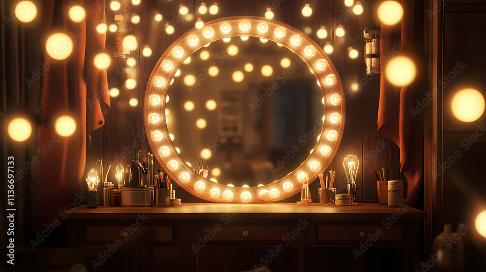 Obraz premium A beautiful mirrored room with a cluster of fairy lights surrounding a large mirror and a dressing table with soft glowing light bulbs, whimsical decor, cozy dressing room. Mirrored. Illustration