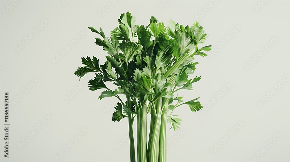 A crisp stalk of celery with fresh green leaves, displayed on a white background A crisp stalk of celery with fresh green leaves, displayed on a white background