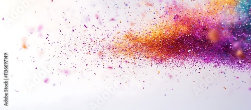 A colorful explosion of confetti mid-air on a solid white background, shimmering in soft light with dynamic motion. photo