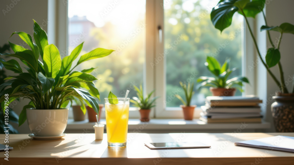 A sunny workspace with a refreshing beverage on a summer afternoon. A sunny workspace with a refreshing beverage on a summer afternoon.
