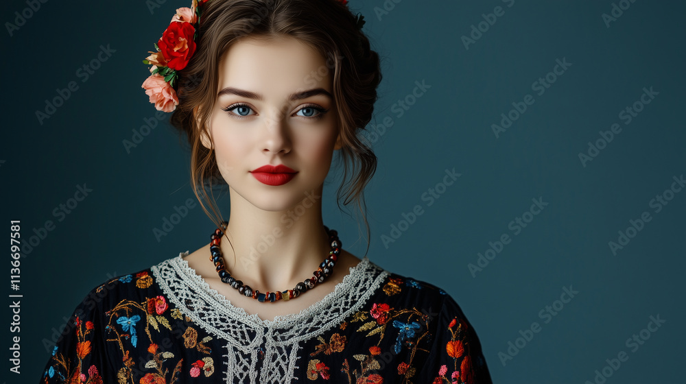 Fototapeta premium Studio shot of a proud Eastern European woman in a richly embroidered Vyshyvanka blouse, paired with a floral wreath and bead necklace, evoking cultural pride.