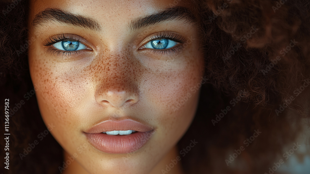 Close-up portrait showcasing a young woman with striking blue eyes and curly hair Close-up portrait showcasing a young woman with striking blue eyes and curly hair