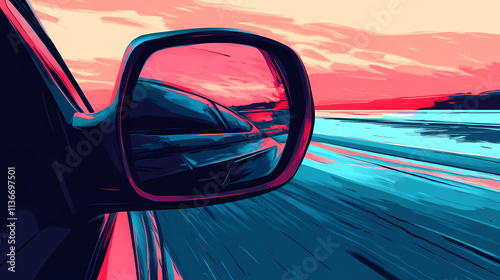 A car's side view mirror on the side of the road. Mirrored. Illustration