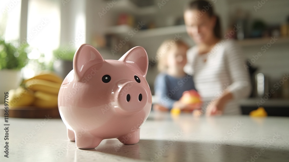 A pink piggy bank sitting on a kitchen counter with a blurred background of a woman and a child A pink piggy bank sitting on a kitchen counter with a blurred background of a woman and a child