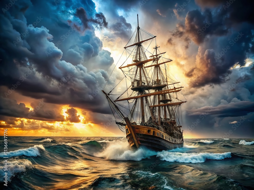 Fototapeta premium Vintage Sailing Ship Stormy Seas Dark Clouds Ocean Shipwreck Nautical Art Antique Vessel