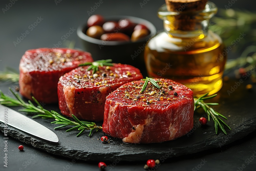 Three pieces of meat with herbs and spices on a black table