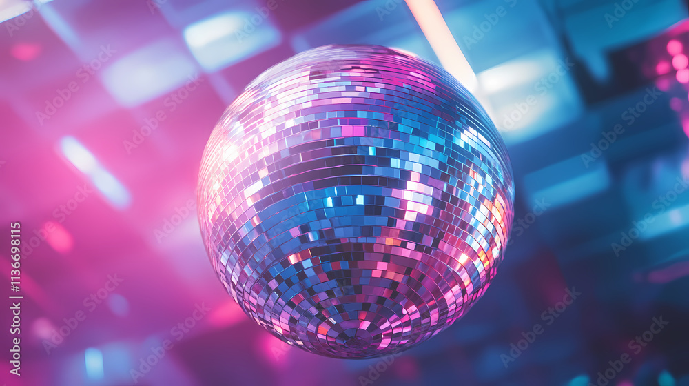 Fototapeta premium A disco ball with a mirrored surface and iridescent colors on a white background. Mirrored. Illustration