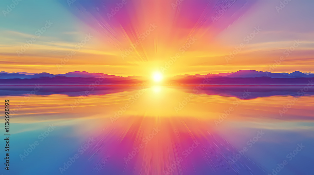 Fototapeta premium A luminous spectrum of vibrant, flowing lines, radiating from a central burst of light, mirrored in a serene reflection, evokes a sense of cosmic energy and the dance of light. Mirrored. Illustration