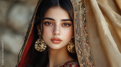 A radiant Persian woman in a traditional Ghalamkar dress, with golden earrings and a shawl draped elegantly over her head, symbolizing cultural beauty. photo