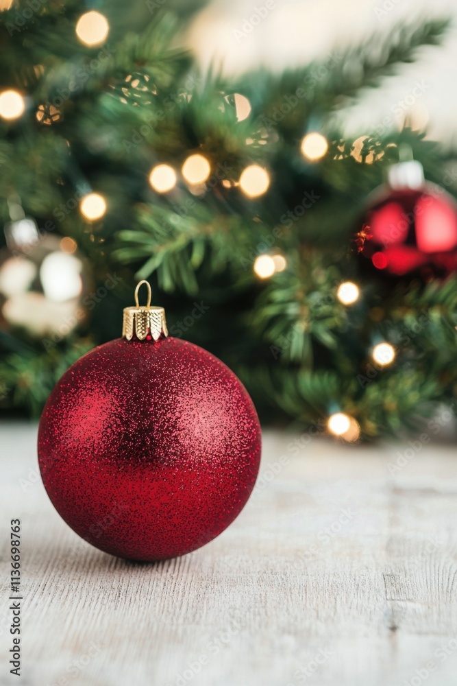 Fototapeta premium A glittering red Christmas ornament hangs in front of a decorated tree, with soft lights creating a warm, festive atmosphere.