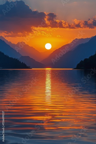 Sunset over a serene lake with vibrant clouds reflecting golden hues