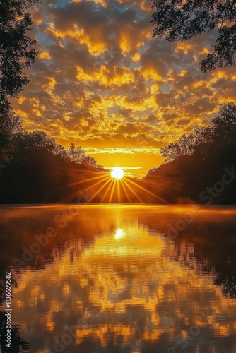 Sunset over a serene lake with vibrant clouds reflecting golden hues