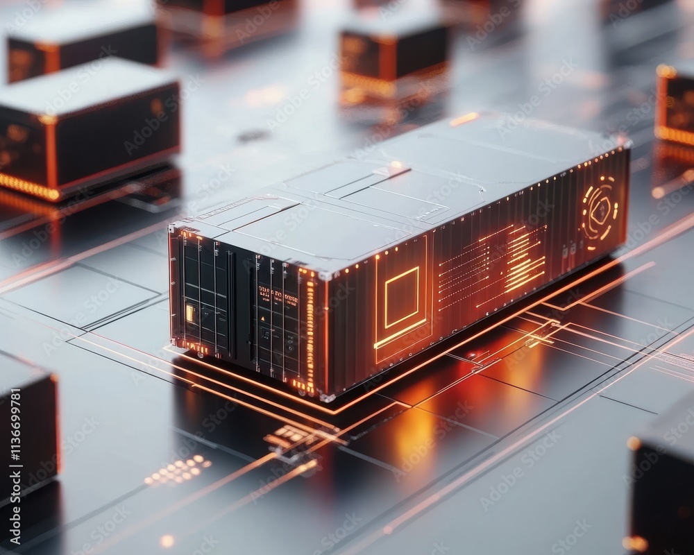 Futuristic cargo container surrounded by digital circuit patterns and glowing elements.