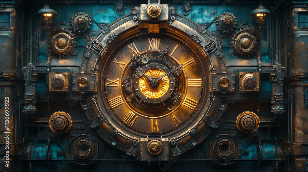 Intricate clock design showcasing detailed gears and elegant craftsmanship at dusk Intricate clock design showcasing detailed gears and elegant craftsmanship at dusk