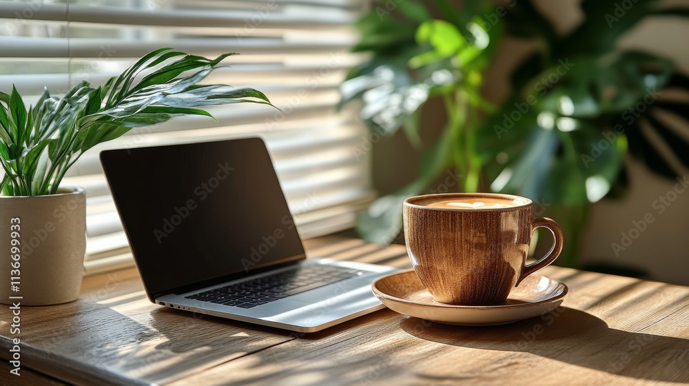 Desk workspace with laptop and coffee surrounded by plants in bright natural light Desk workspace with laptop and coffee surrounded by plants in bright natural light