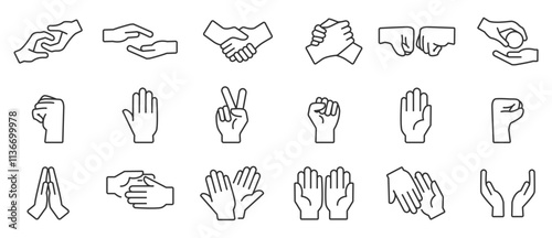 Hand gesture linear icon set. Palm indicates fist, handshake, peace and love. Hand icon set. Contains gestures, collection of vector icons in line form isolated on transparent background. Editable 