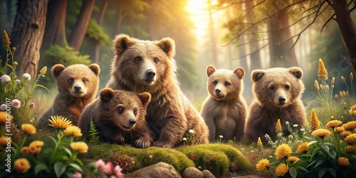 Vintage Style Collection of Adorable Brown Bears in Natural Settings, Perfect for Nature Lovers and Wildlife Enthusiasts, Capturing the Charm and Playfulness of these Cute Creatures