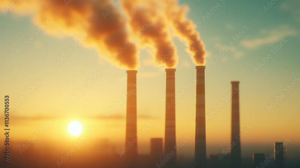 Obraz premium Smoke rises from industrial chimneys against a sunset backdrop, symbolizing environmental impact and air pollution from manufacturing in an urban landscape.
