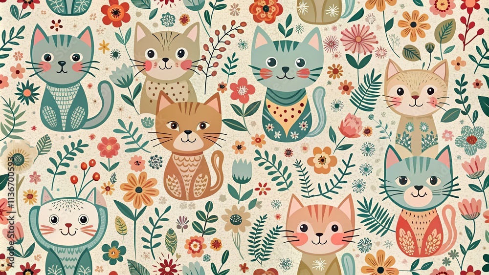 custom made wallpaper toronto digitalVintage Style Floral Pattern Featuring Cute Hand-Drawn Cats for Children's Fabric, Wallpaper, and Apparel Design, Perfect for Creative Projects and Kids' Decor