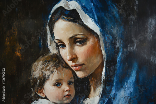 Oil painting of Mary, the mother of Jesus, holding the baby Jesus in her arms