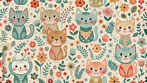 Wallpaper Mural Vintage Style Floral Pattern Featuring Cute Hand-Drawn Cats for Children's Fabric, Wallpaper, and Apparel Design, Perfect for Creative Projects and Kids' Decor Torontodigital.ca