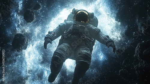 Futuristic astronaut exploring a cosmic landscape filled with celestial phenomena photo