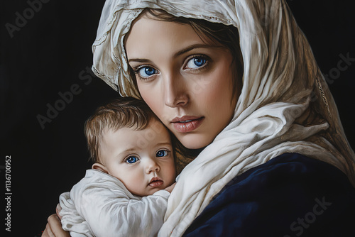 Oil painting of Mary, the mother of Jesus, holding the baby Jesus in her arms