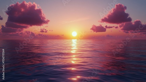 Stunning sunset over calm ocean waters with vibrant colors and fluffy clouds