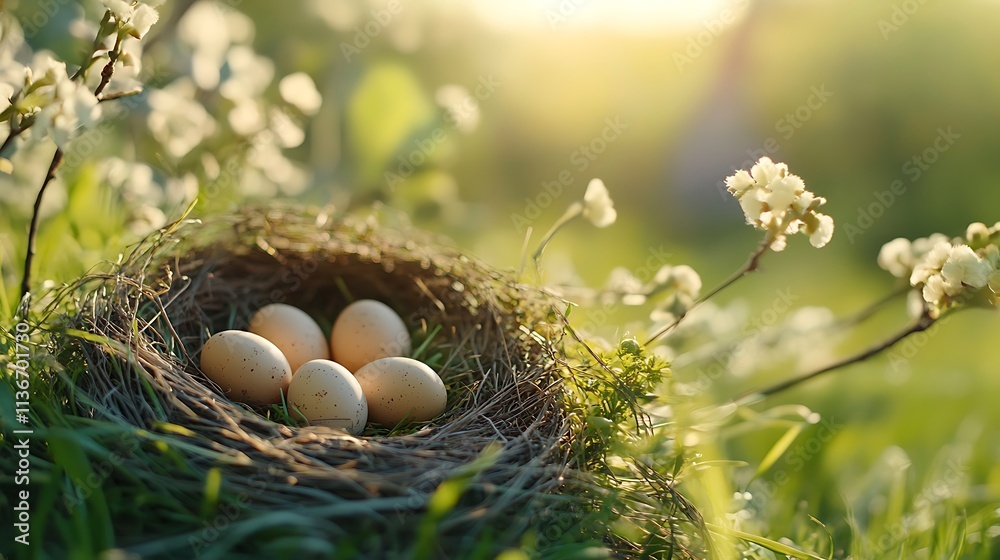 Bird nest with eggs resting in green grass at sunset Bird nest with eggs resting in green grass at sunset
