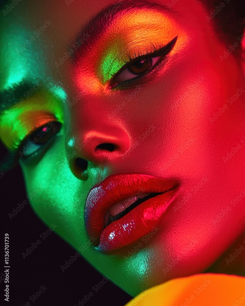 Fototapeta premium A female model with bold makeup, looking directly into the camera, vibrant studio lighting, plain black background,