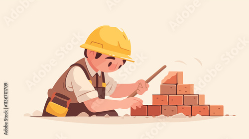 Professional Caucasian Bricklayer in Uniform and Hard Hat at Worksite