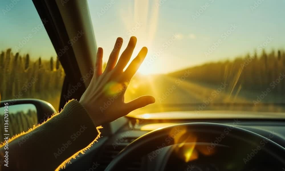A hand reaches toward the sun through a car window, capturing a moment of warmth and reflection.